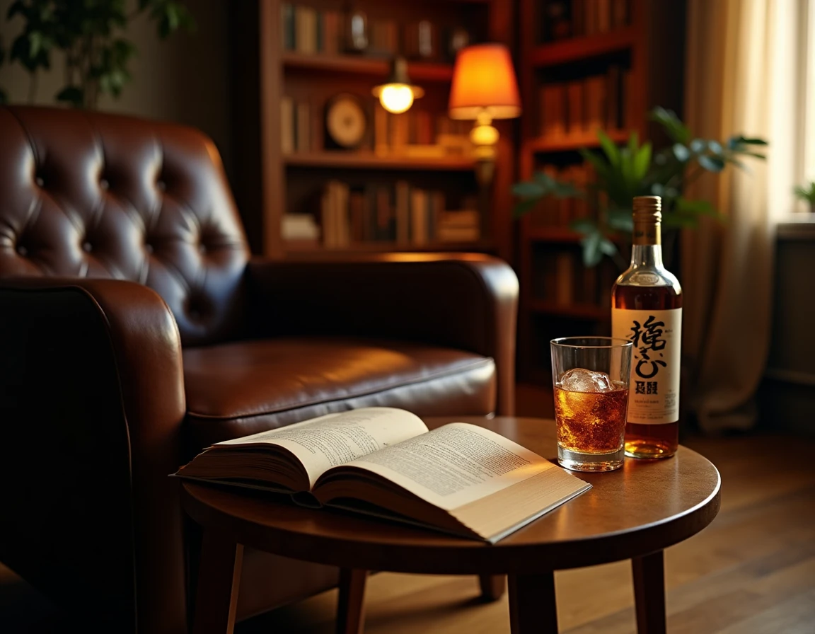 Wide-angle lifestyle scene of a home library corner — leather armchair, low side table with an open whisky journal and a