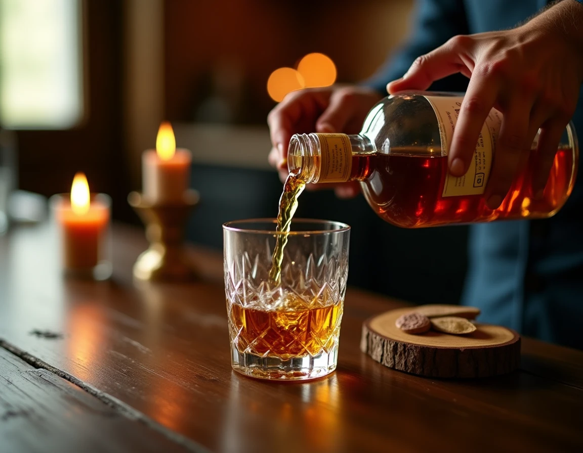 Close-up editorial photograph of a pair of hands carefully pouring Japanese single malt whisky from a bottle labeled 'Mi