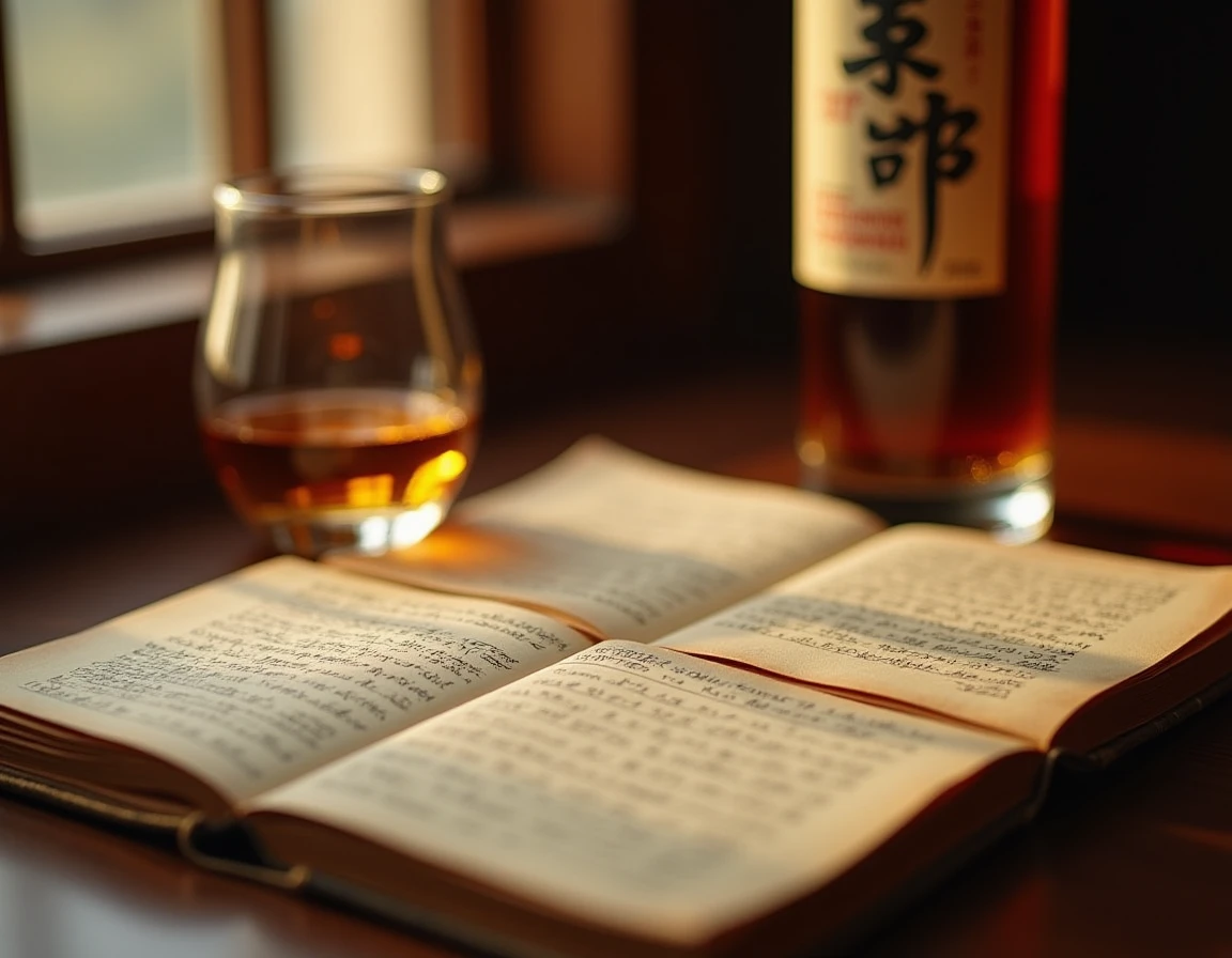 Close-up editorial of aged open notebook with handwritten Japanese distillation notes beside a half-filled Glencairn gla