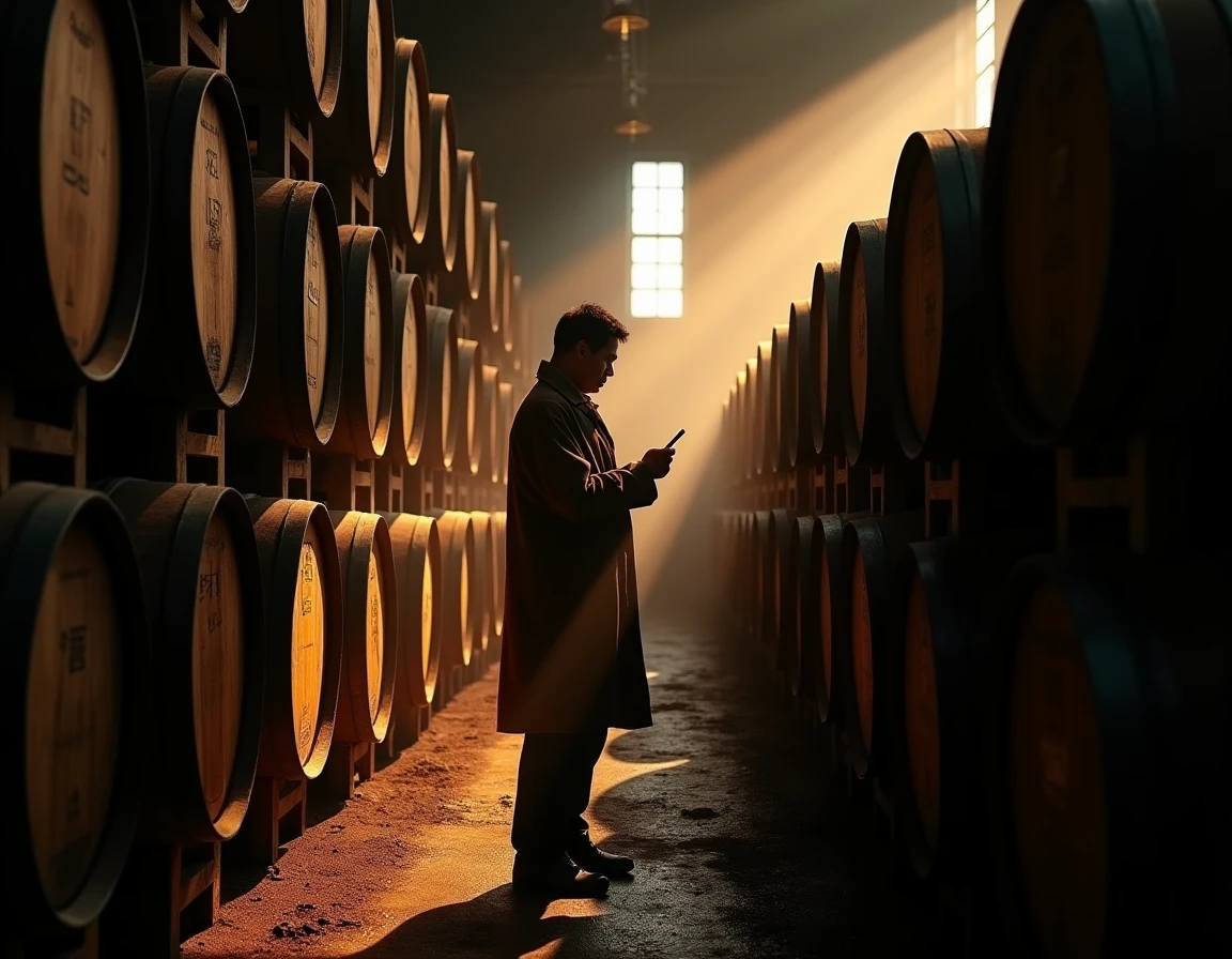 Medium shot inside Nikka Yoichi's barrel warehouse — long rows of dark oak casks stacked in dim natural light filtering 
