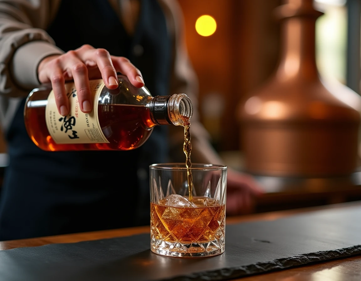 Close-up action shot of a bartender's hands carefully pouring Japanese whisky from a Yamazaki bottle into a Glencairn gl