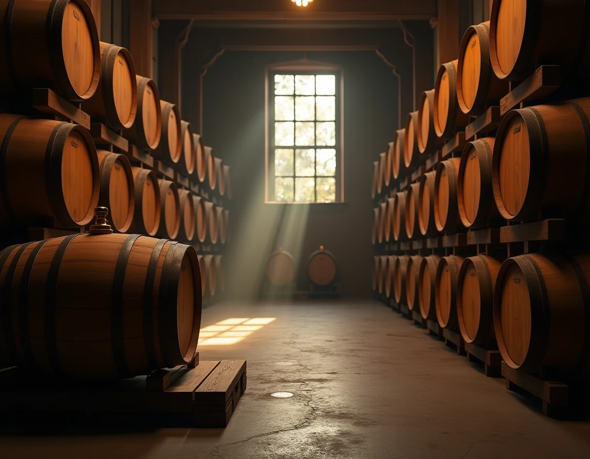 Wide atmospheric interior of a Japanese whisky aging warehouse — rows of small mizunara oak casks stacked in dim natural