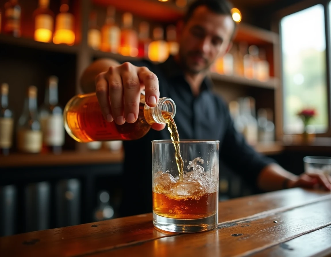 Mid-shot of a bartender's hands carefully pouring Japanese single malt whisky from an Akkeshi or Chichibu-style bottle i