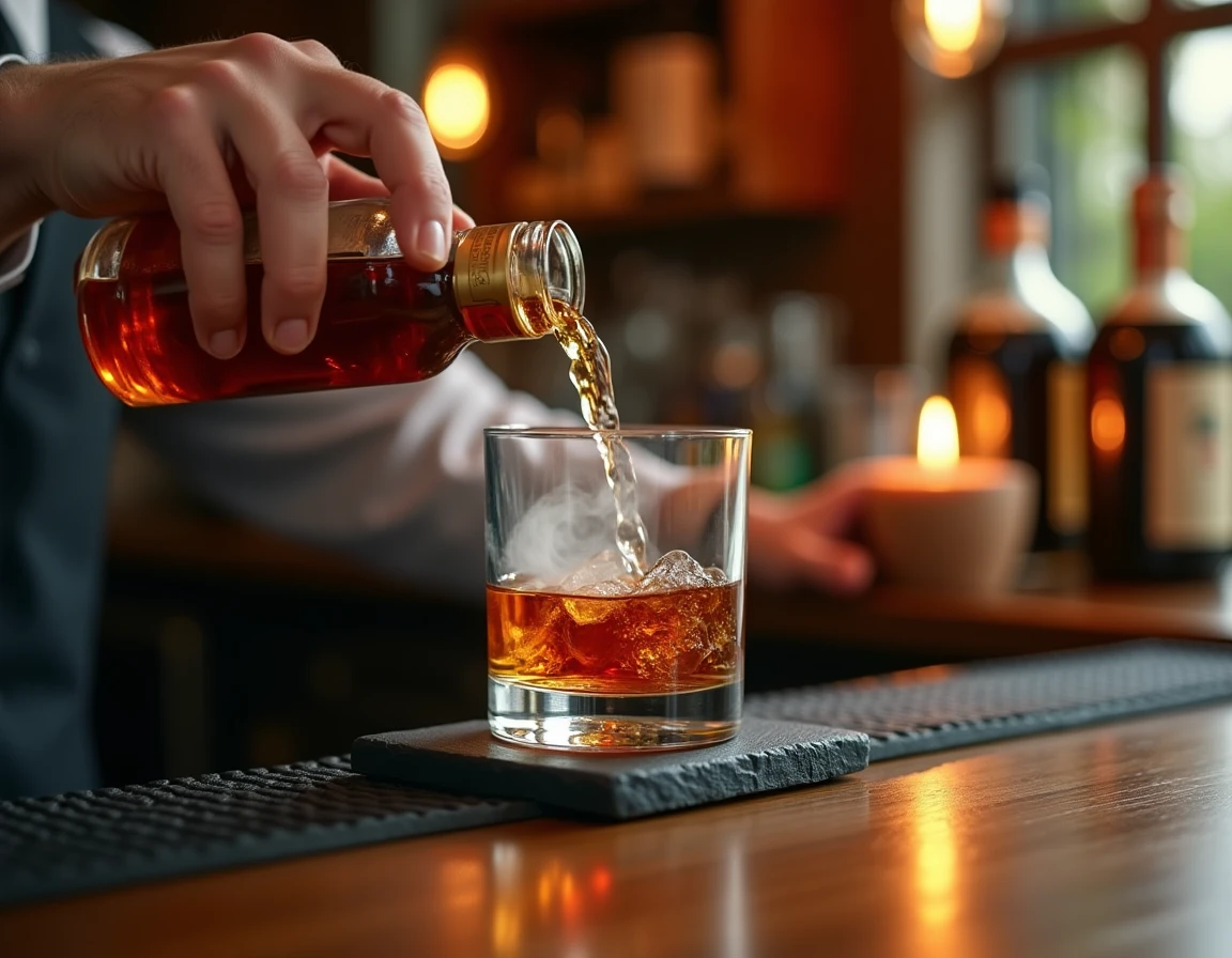 Close-up action shot of a bartender's hands carefully pouring Nikka From the Barrel whisky into a square Glencairn glass