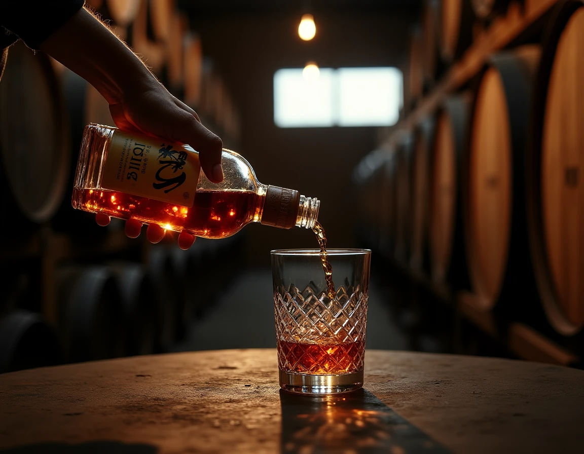 Medium close-up of hands gently pouring dark amber whisky from a Nikka Yoichi bottle into a wide-bottomed crystal glass,