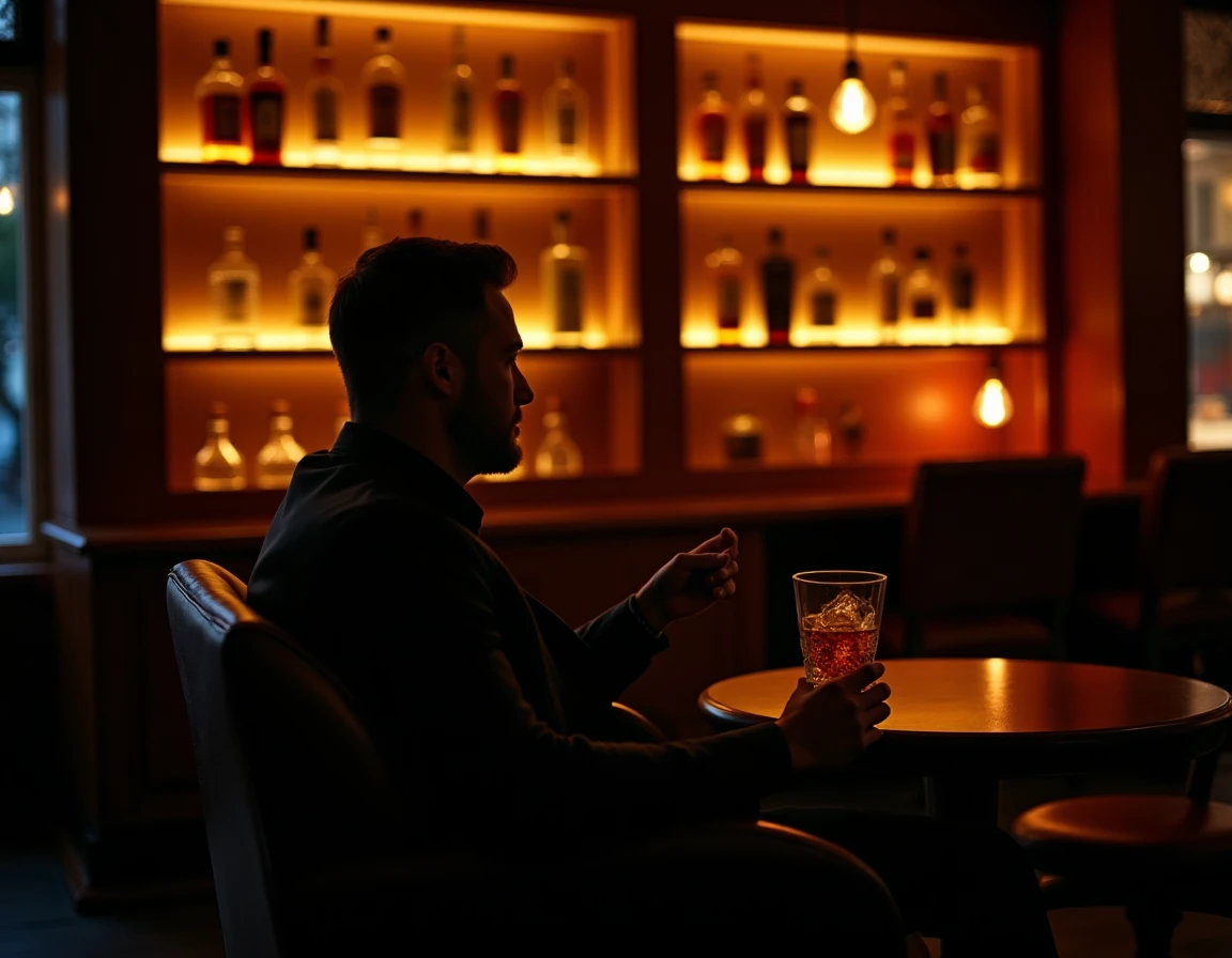 Wide atmospheric shot inside a dimly lit Istanbul whisky bar at dusk, a single patron's silhouette in a leather armchair