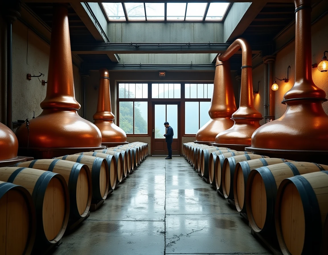 Wide atmospheric interior of a small Japanese craft distillery — copper pot stills gleaming under diffused industrial sk