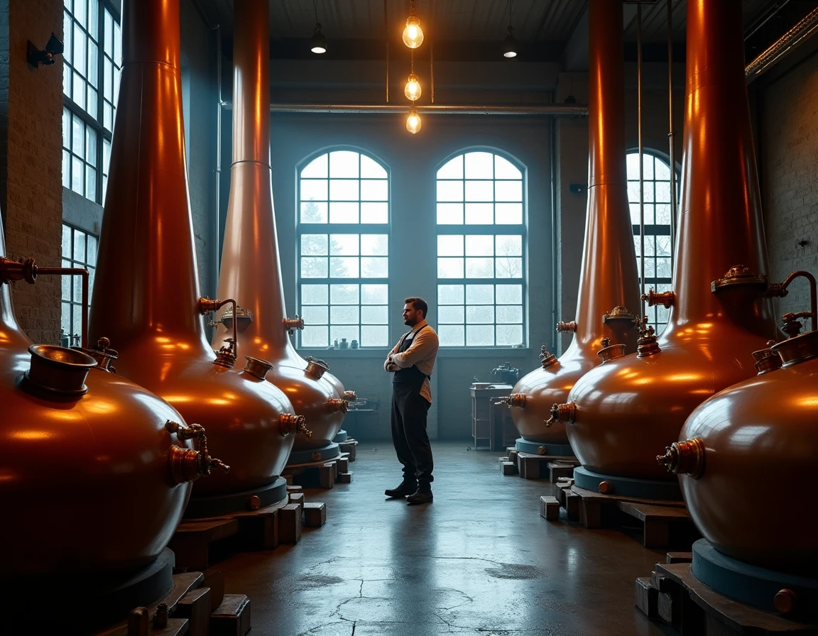Wide interior shot of the Yoichi distillery in Hokkaido — stone walls, copper pot stills gleaming under industrial ceili