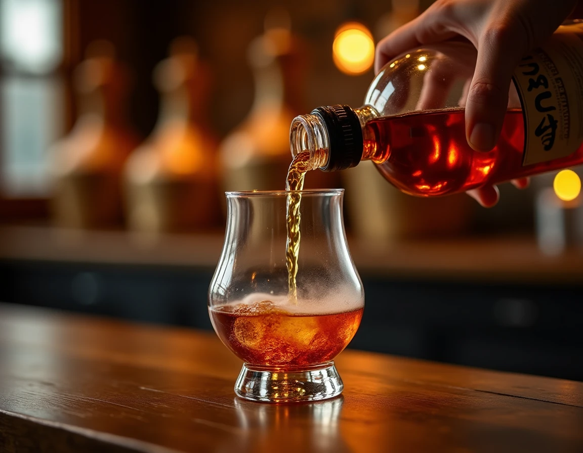 Close-up action shot of whisky being poured from a Hakushu bottle into a Glencairn glass resting on a dark wood surface,