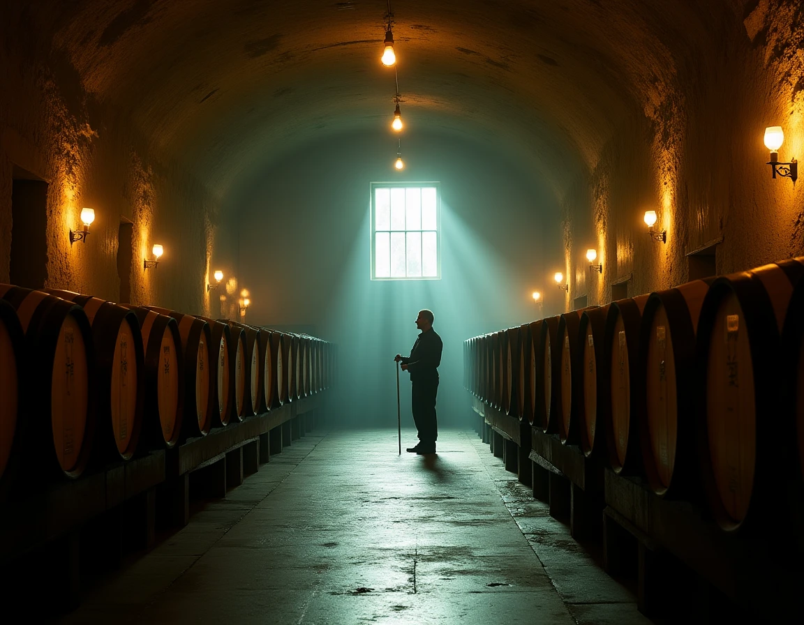 Wide-angle environmental shot inside the Hakushu distillery cooperage or barrel warehouse, rows of aged oak casks stacke