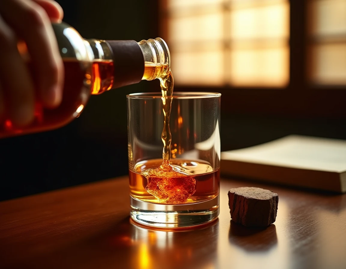 Close-up action shot of whisky being poured from a bottle into a Glencairn glass on a dark kiri wood table, the liquid c