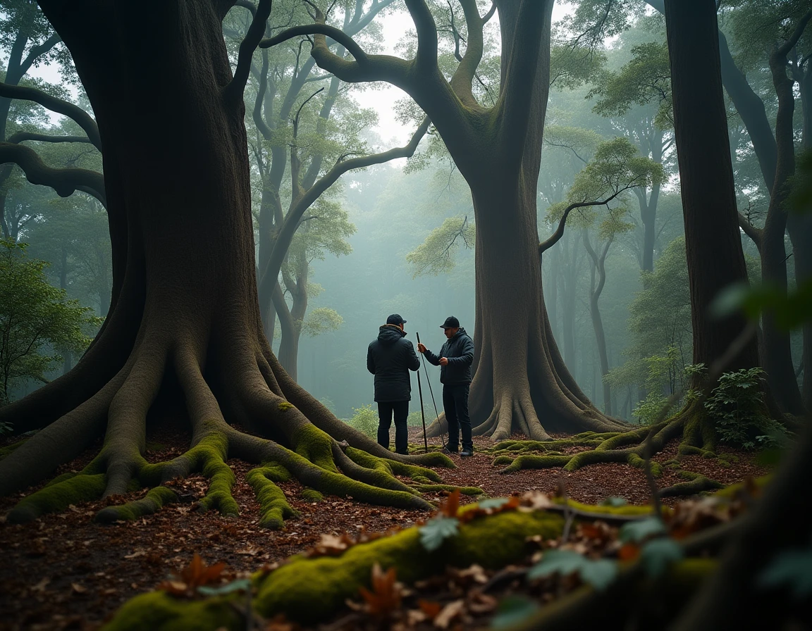 Wide environmental shot inside a Hokkaido forest at dawn, massive ancient Mizunara oak trees with gnarled twisted trunks