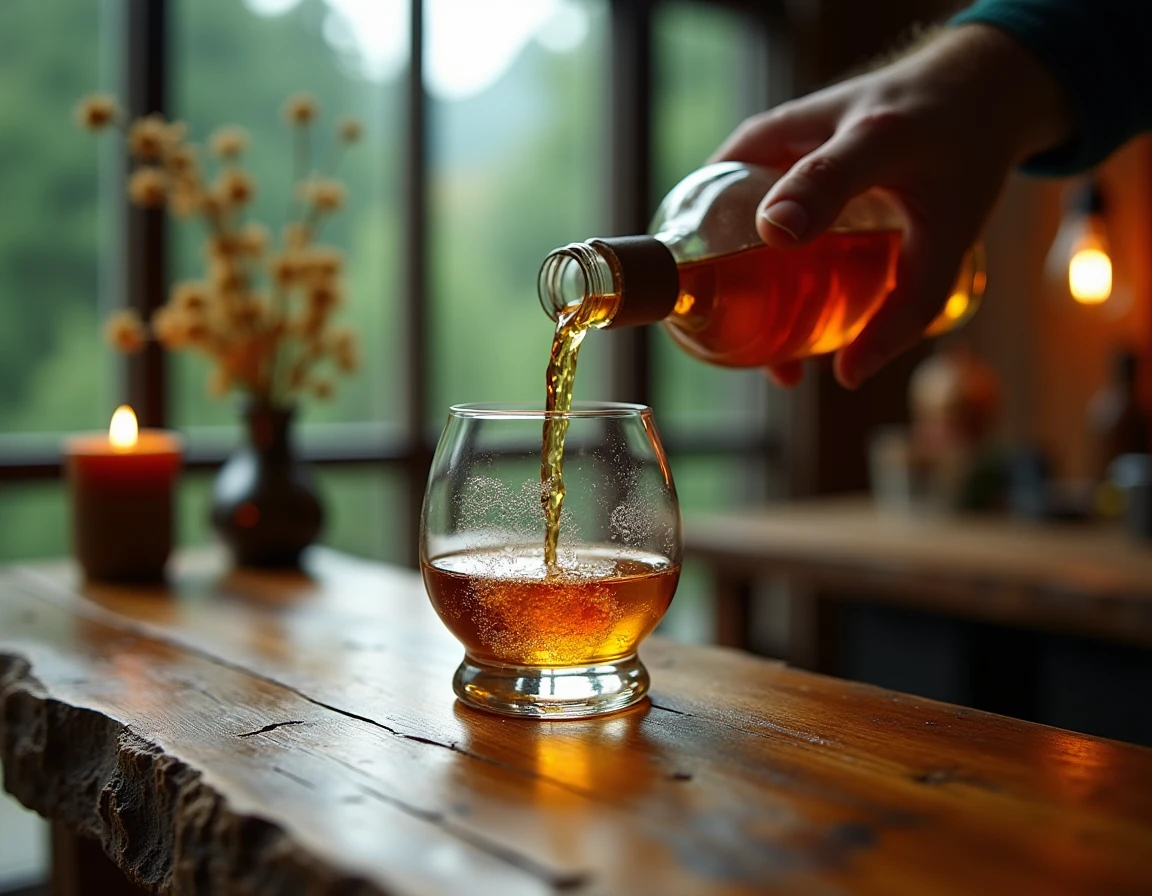 Close-up of weathered hands gently pouring pale golden Hakushu whisky into a Glencairn glass on a rough wooden table, Ja
