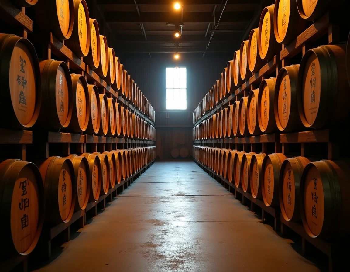 Wide interior shot of Hakushu distillery warehouse with rows of aging oak barrels stacked on timber frames, soft natural