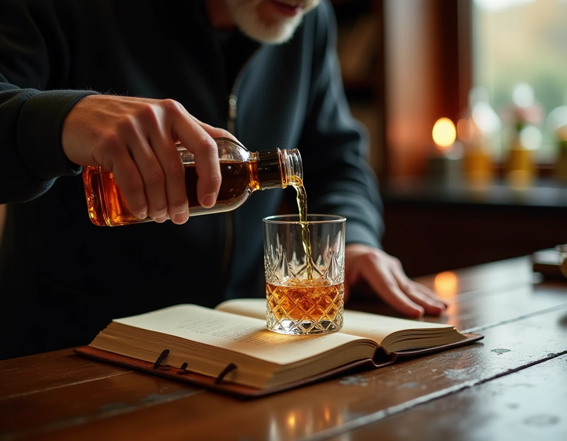 Medium-close action shot of a man's weathered hands carefully pouring amber whisky from a Nikka bottle into a crystal Gl