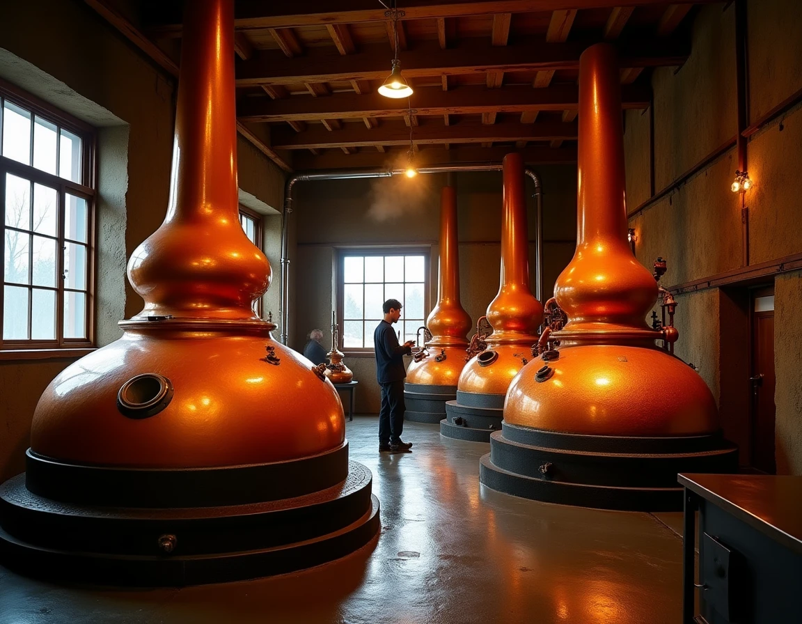 Wide interior shot of the Yoichi distillery stillhouse in Hokkaido, traditional copper pot stills with coal-fire furnace