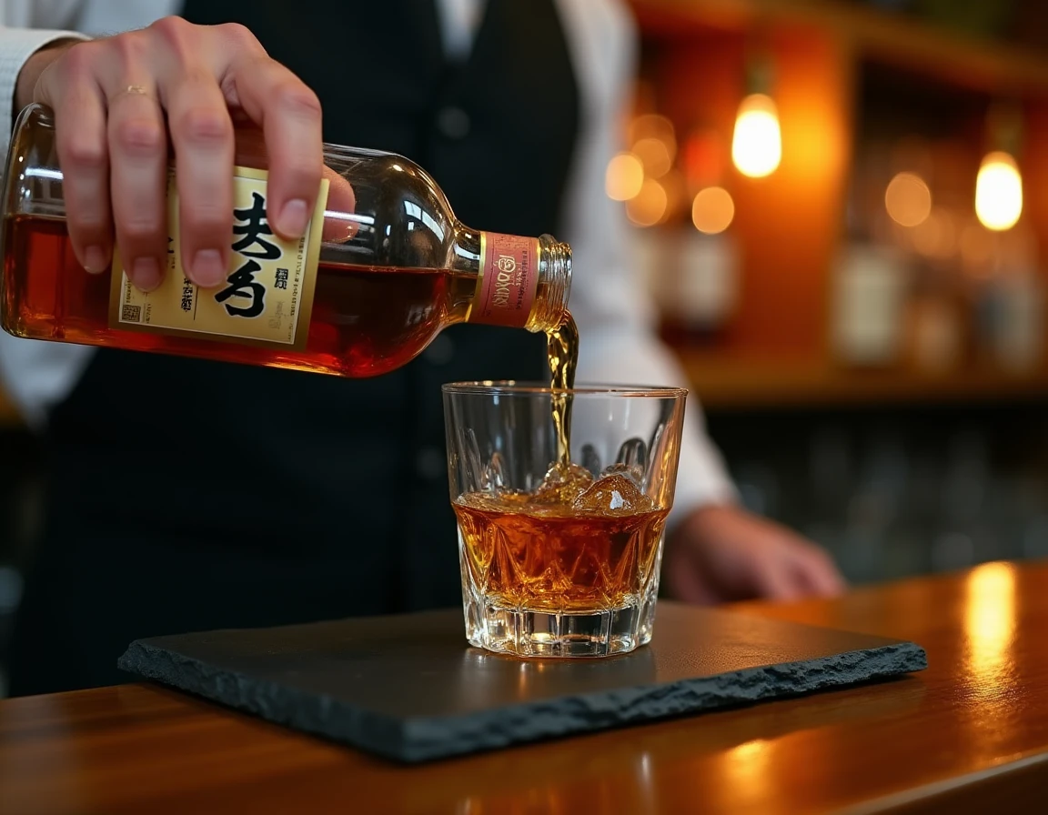 Close-up action of a bartender's hands carefully pouring Japanese single malt whisky from a distinctly Japanese-label bo