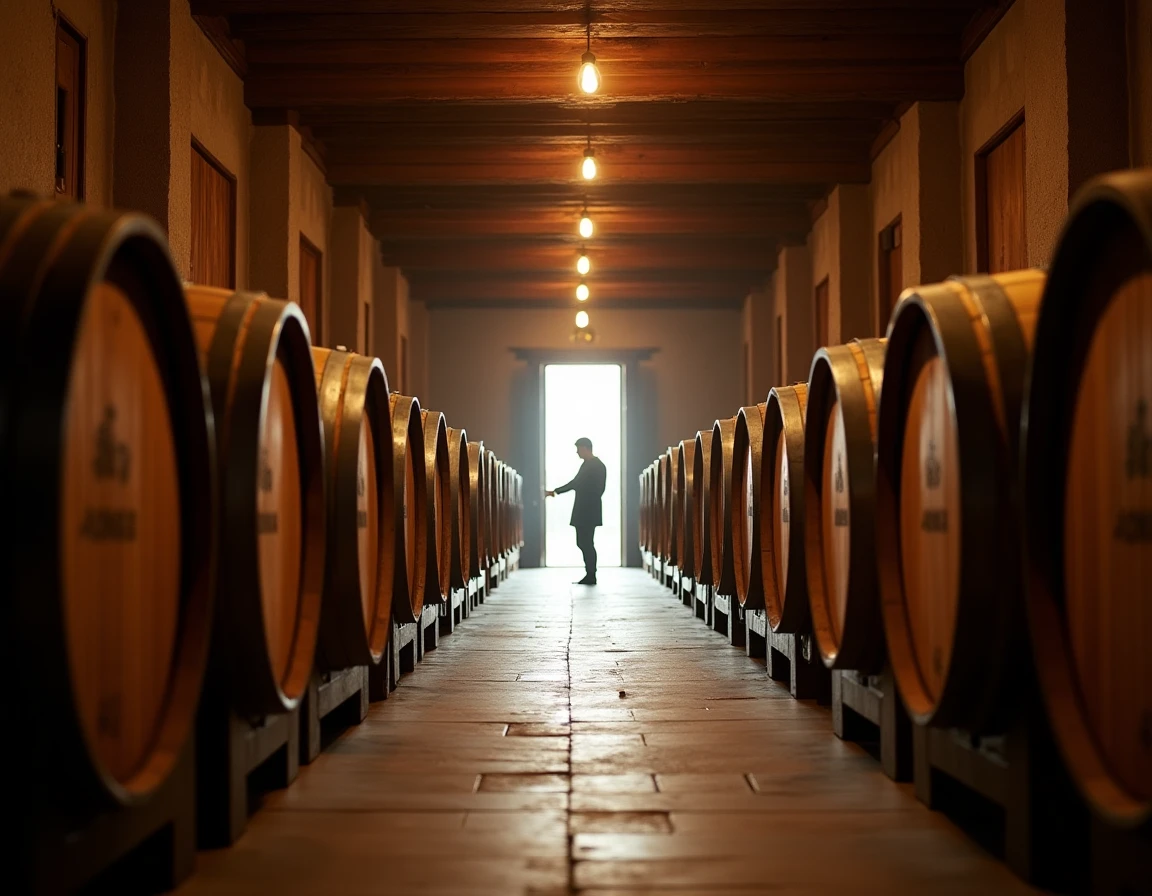 Wide interior shot of a small Japanese whisky distillery barrel aging warehouse, rows of small Japanese oak casks (mizun
