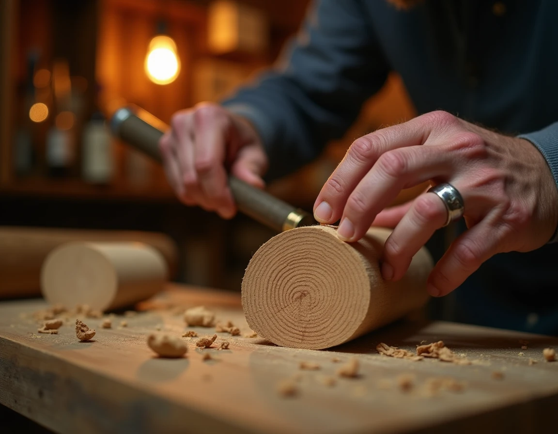 Close-up action shot of a master distiller's weathered hands turning a small Mizunara oak stave on a wooden workbench, w