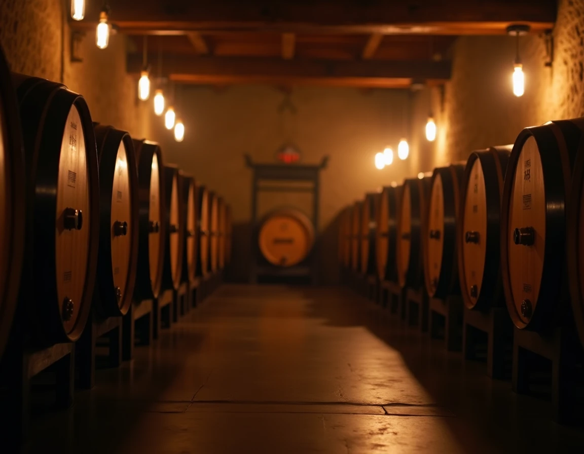 Atmospheric medium shot inside a traditional Japanese distillery cooperage room, rows of Mizunara casks stacked on timbe