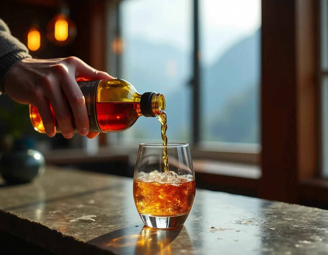 Close-up editorial of a hand pouring Japanese single malt whisky from a Chichibu-style craft bottle into a Glencairn gla