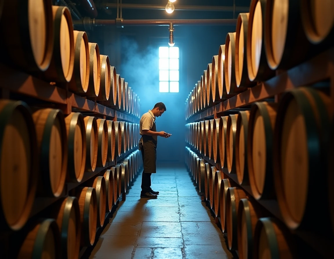 Interior atmosphere shot of a small Japanese craft distillery maturation warehouse, rows of small oak and mizunara barre