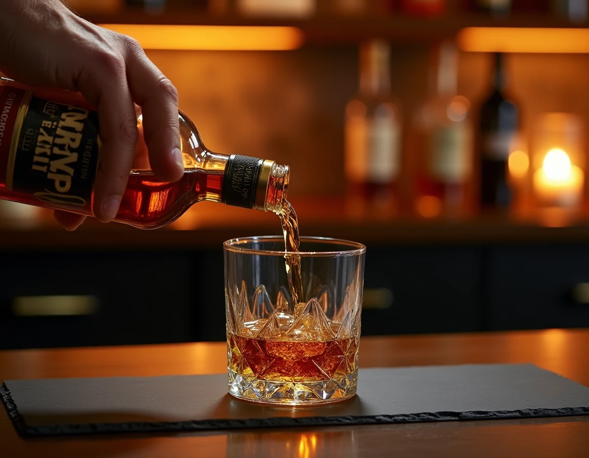Close-up action shot of a hand pouring Nikka From the Barrel whisky into a heavy-bottomed glass on a dark slate surface,