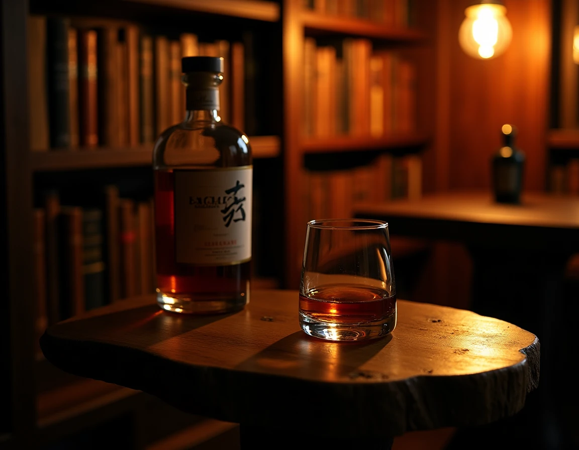 Wide atmospheric shot of a dimly lit home library or private bar corner, Kaiyo Mizunara bottle prominently placed on a w