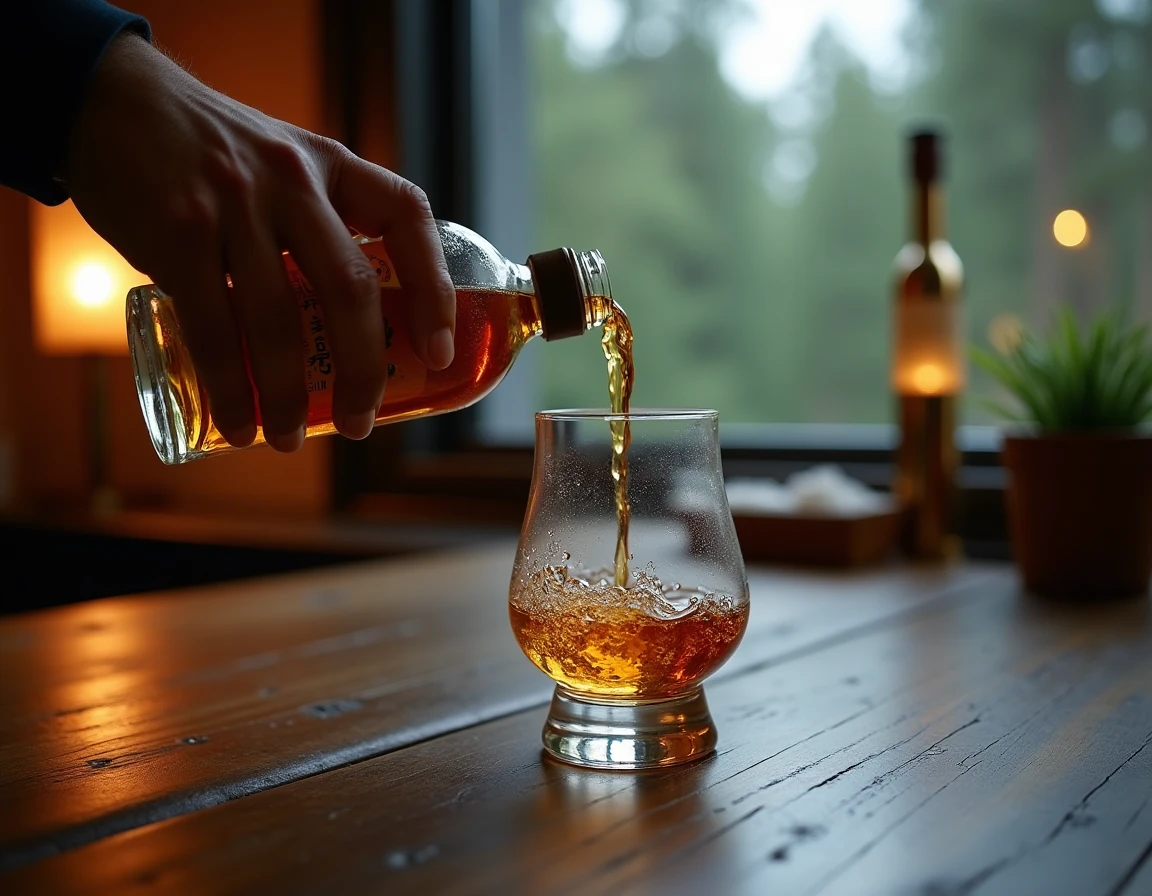 Close-up editorial shot of hands carefully pouring Hakushu single malt whisky from a bottle into a Glencairn glass on a