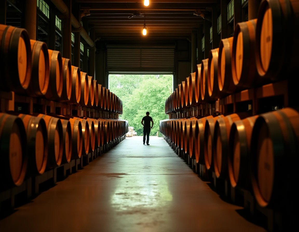 Interior of Hakushu barrel warehouse, long perspective shot down rows of aging casks on wooden racks, cool diffused ligh
