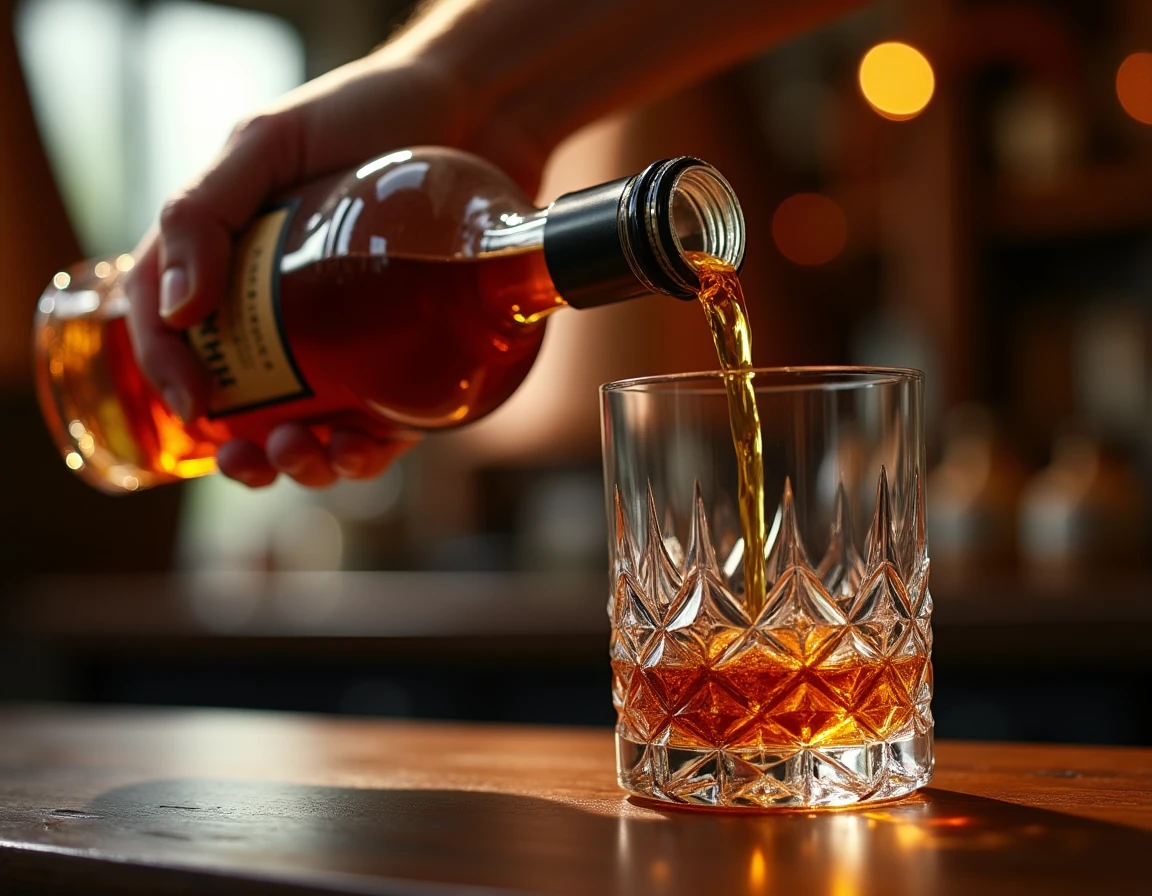 Close-up action shot of aged whisky being poured from a Nikka bottle into a heavy-based crystal glass, slow amber stream