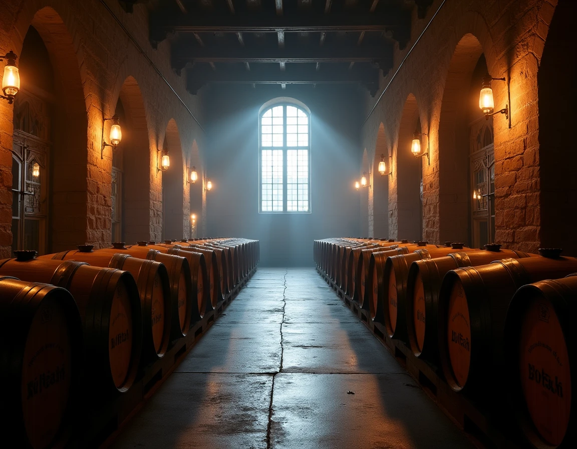 Wide interior shot of the Yoichi Distillery in Hokkaido — stone and brick architecture, rows of aging barrels in a dimly