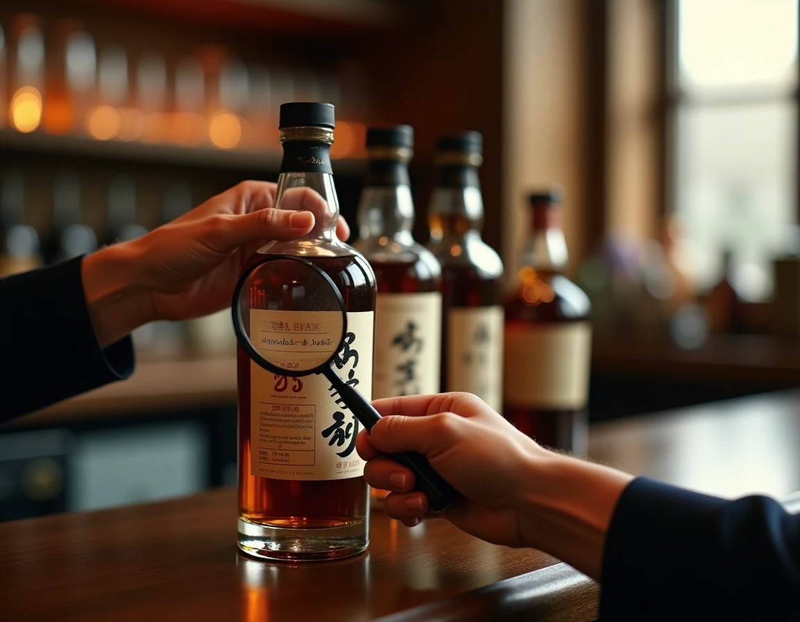 A pair of hands carefully examining the back label of a Japanese whisky bottle, magnifying glass held close to the text,