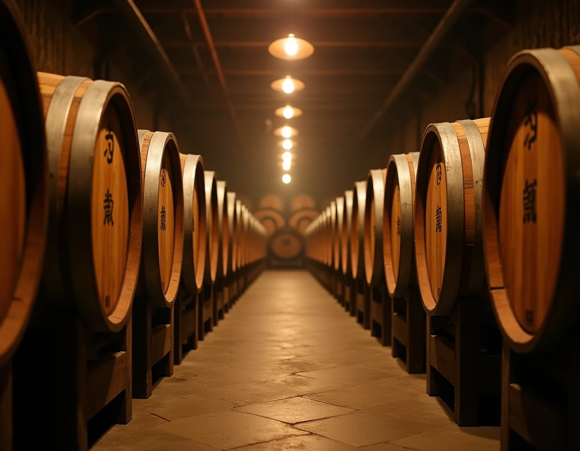 Wide interior shot of a small Japanese whisky distillery warehouse, rows of aging casks on wooden racks stretching into 
