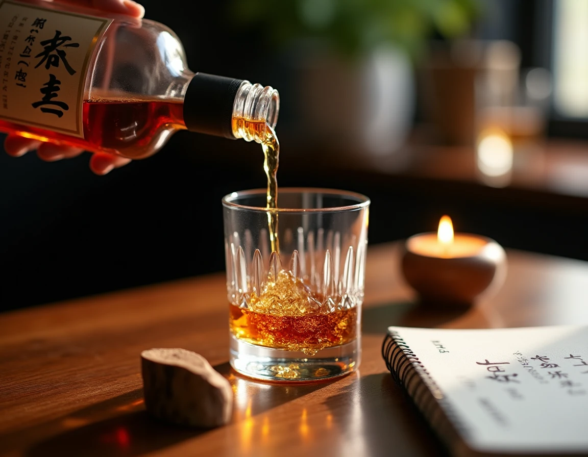 Close-up action shot of whisky being poured from a bottle with Japanese label into a Glencairn glass on a dark walnut su