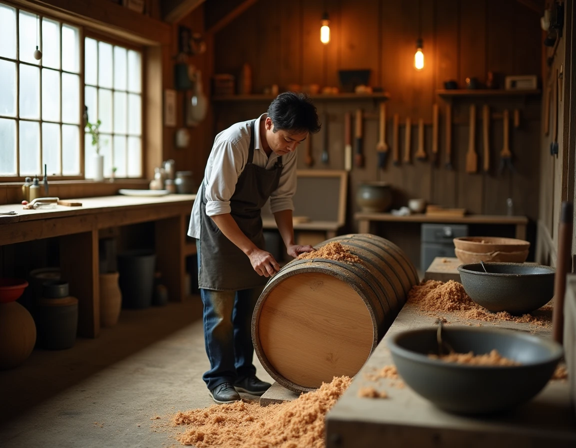 Wide establishing shot inside a traditional Japanese cooperage workshop in Hokkaido, a craftsman's hands visible smoothi