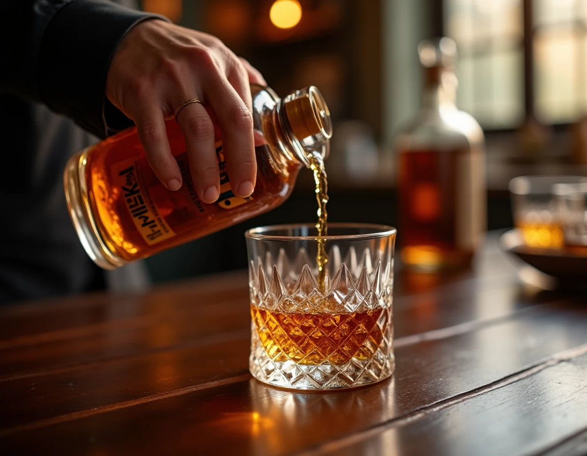 Close-up action shot of whisky being poured from a Nikka From the Barrel bottle into a crystal Glencairn glass, liquid c