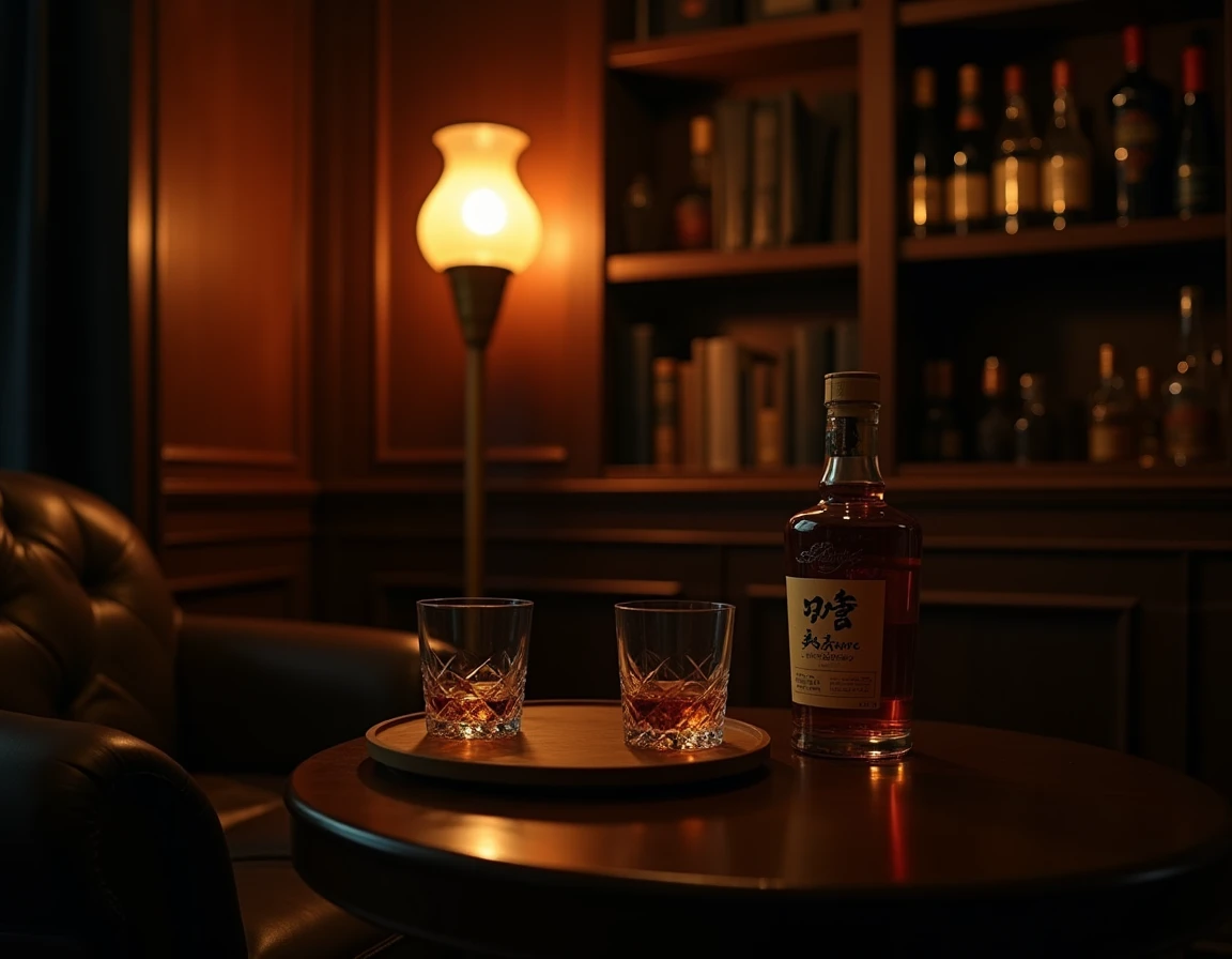 Wide interior shot of a dimly lit Istanbul whisky bar or private library corner, leather armchair partially visible on t