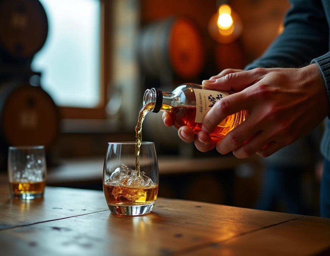 Medium close-up of weathered hands carefully pouring Japanese single malt whisky from a small craft bottle into a Glenca