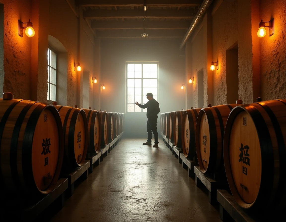 Wide atmospheric interior shot of a small Japanese craft distillery warehouse — rows of aging barrels on low wooden rack