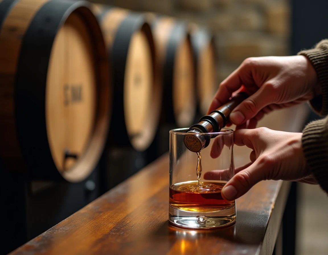 Close-up action shot of a distillery worker's hands carefully drawing a whisky sample from a small Japanese oak cask wit