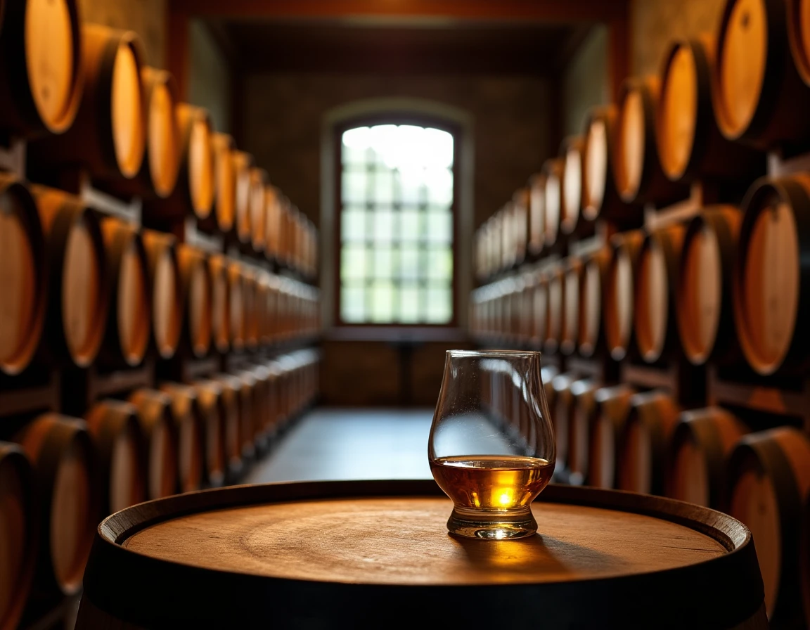 Wide interior photograph of a Japanese craft distillery barrel room, rows of small charred oak and mizunara casks stacke