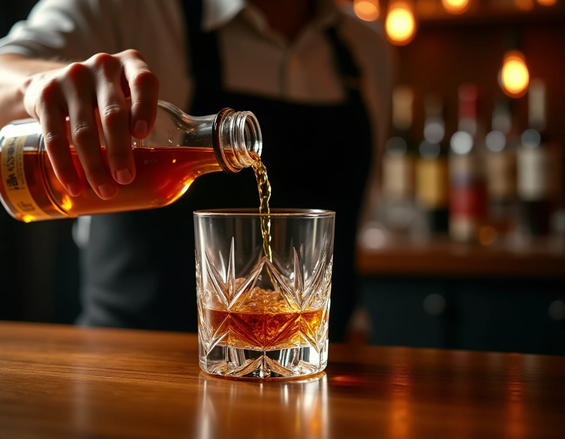 Close-up action shot of a bartender's hands carefully pouring Japanese whisky from a bottle into a crystal Glencairn gla