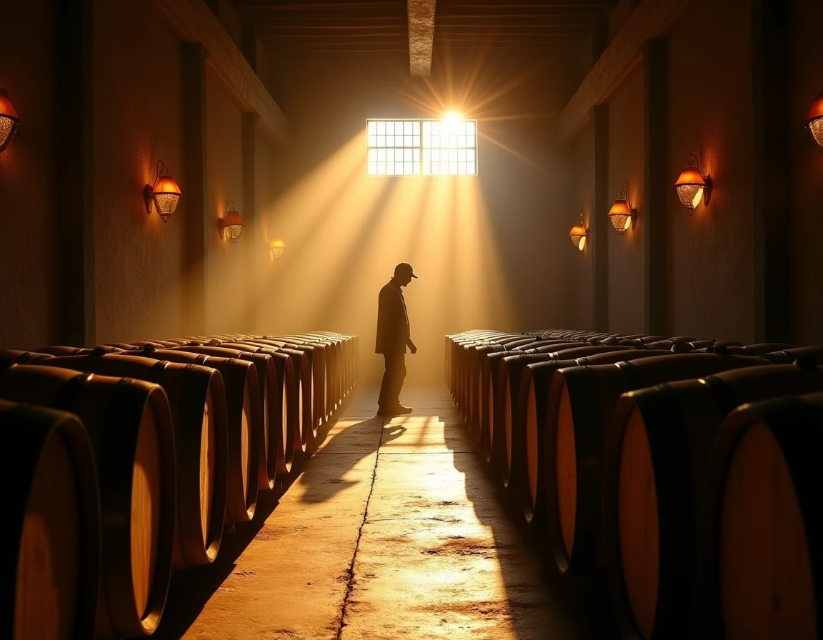 Wide atmospheric interior of a Japanese whisky distillery barrel warehouse — rows of small Japanese mizunara and America