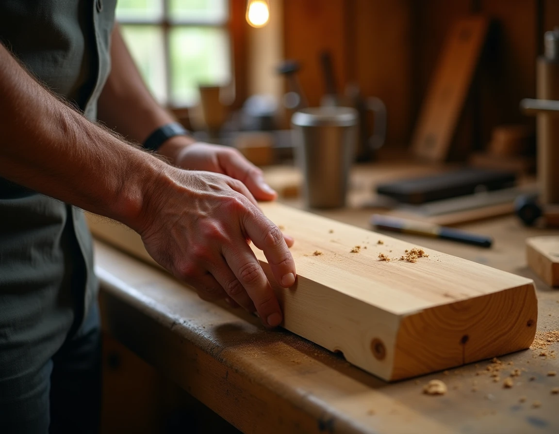 Close-up of weathered hands carefully placing a Mizunara oak barrel stave on a wooden workbench in a traditional Japanes
