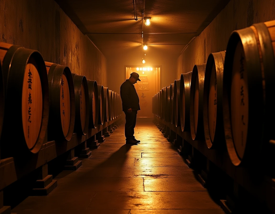 Wide atmospheric interior of a Japanese whisky maturation cellar with rows of small Mizunara oak casks stacked on timber