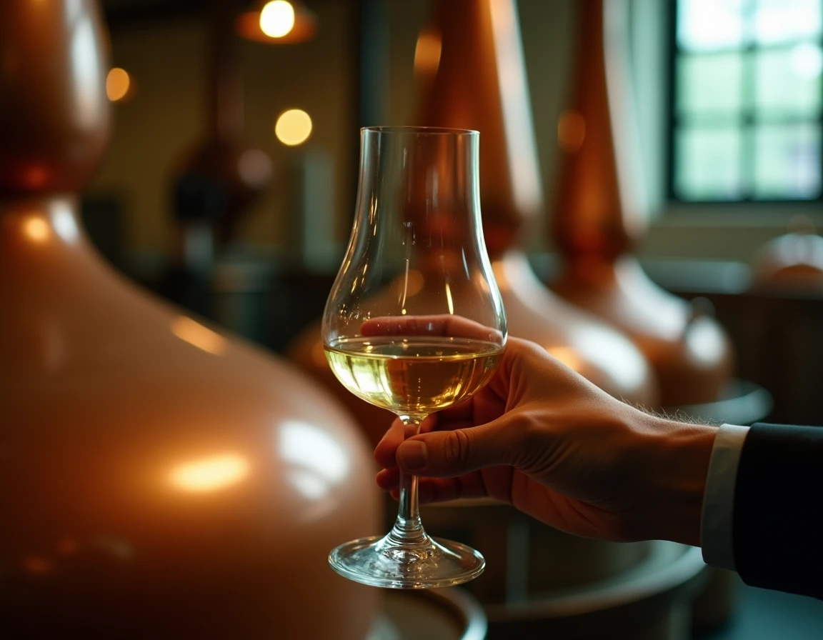 Close-up of a Glencairn glass filled with pale gold Hakushu whisky being lifted by a male hand near a wooden fermentatio