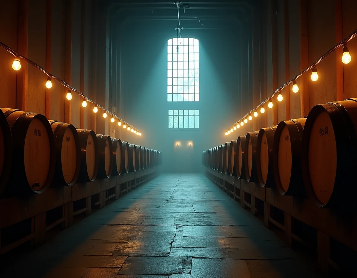 Wide angle interior shot of Hakushu Distillery's barrel warehouse in Yamanashi Japan, rows of aging casks stacked on woo