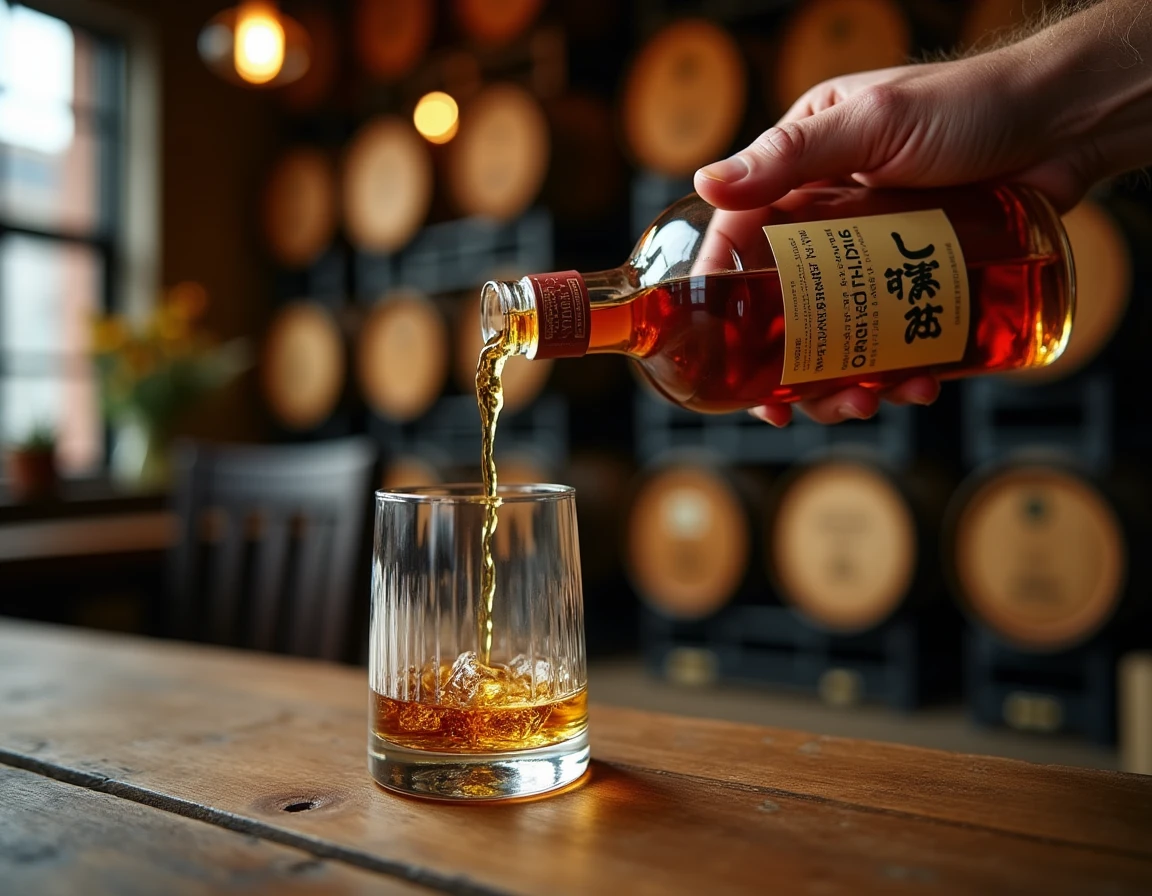 Medium close-up of weathered hands slowly pouring Nikka whisky from a distinctive square From The Barrel bottle into a G