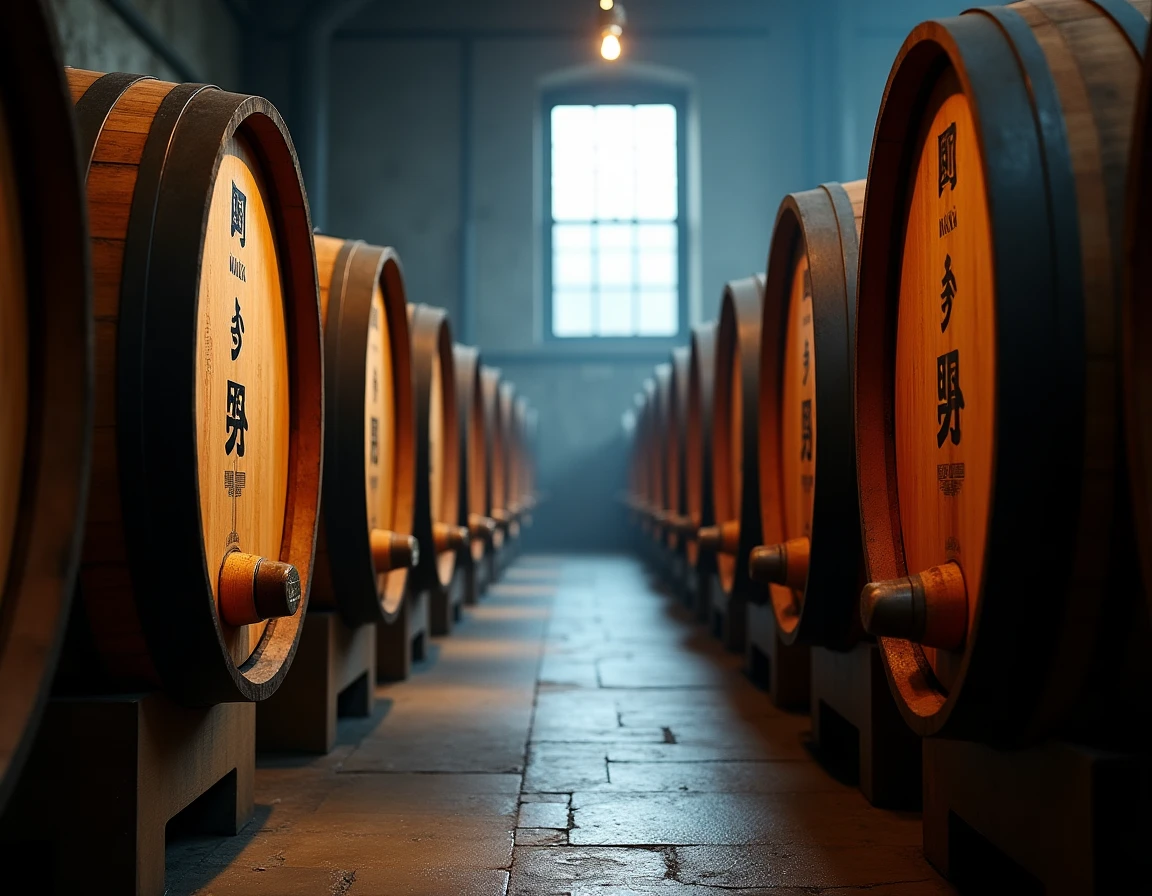 Wide atmospheric interior of Yoichi distillery barrel warehouse in Hokkaido — rows of aging bourbon and sherry casks rec